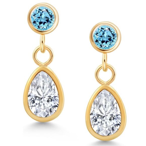 14K Yellow Gold with 1.10 Cttw White Moissanite and Swiss Blue Topaz Earrings